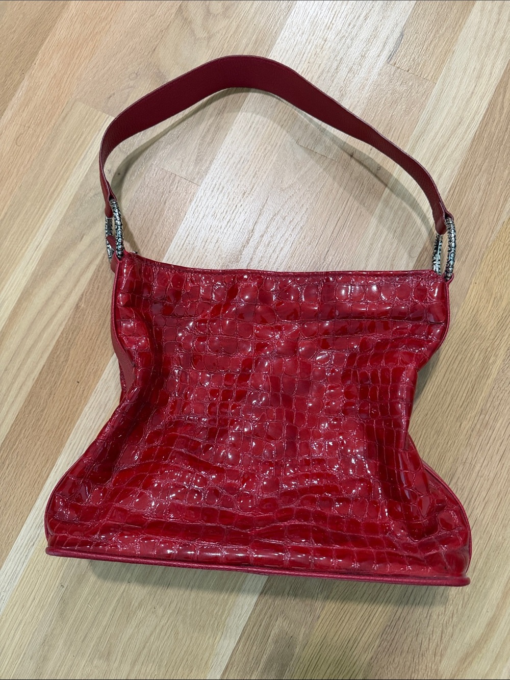 Brighton Red Croc-Embossed Shoulder Bag with Chain Trim